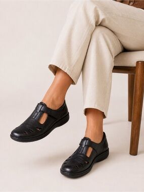 Clarks Black Leather Mary Jane Comfort Shoes | Cutout Walking Flats